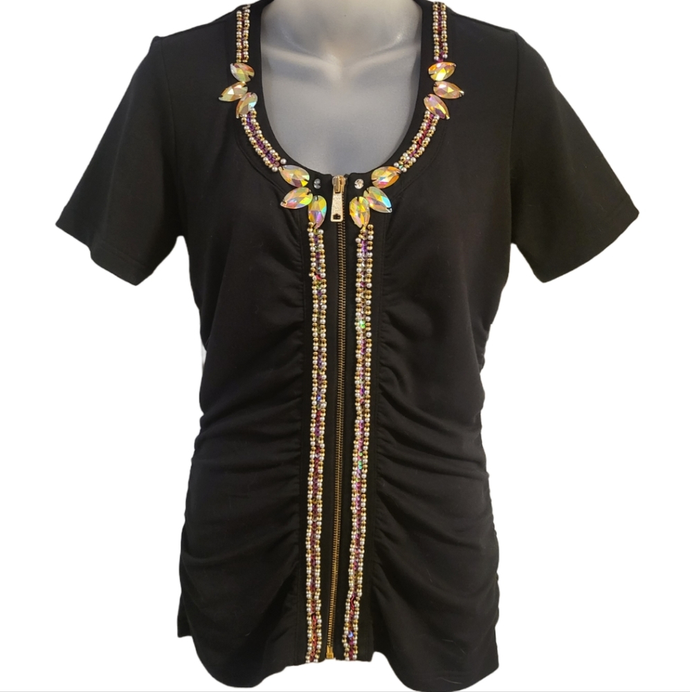Boston Proper Short Sleeve, Bead Embellished Full Zip & Stones @ Neckline sz S
